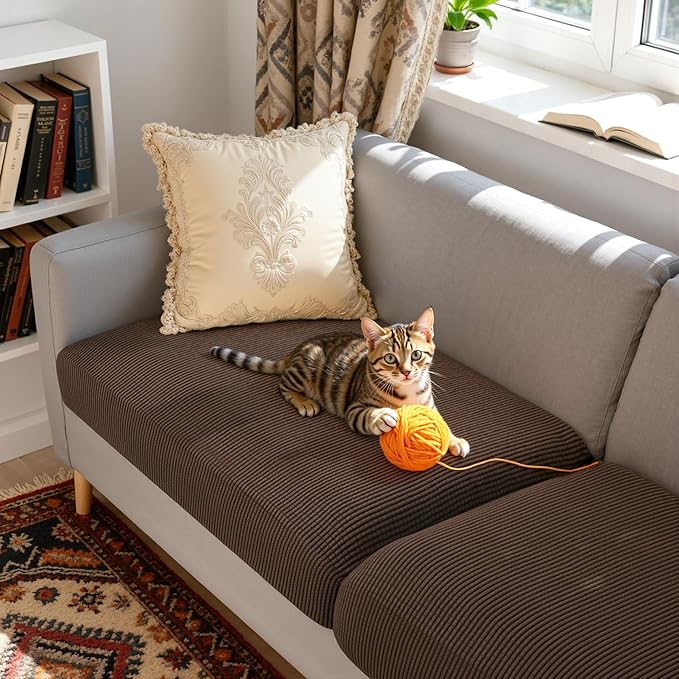 CHUN YI 2 Piece Couch Cushion Covers for Sofa Seat Slipcovers Suitable with Spandex Jacquard Washable Fabric (2 Piece Sofa Cushion Covers, Chocolate)