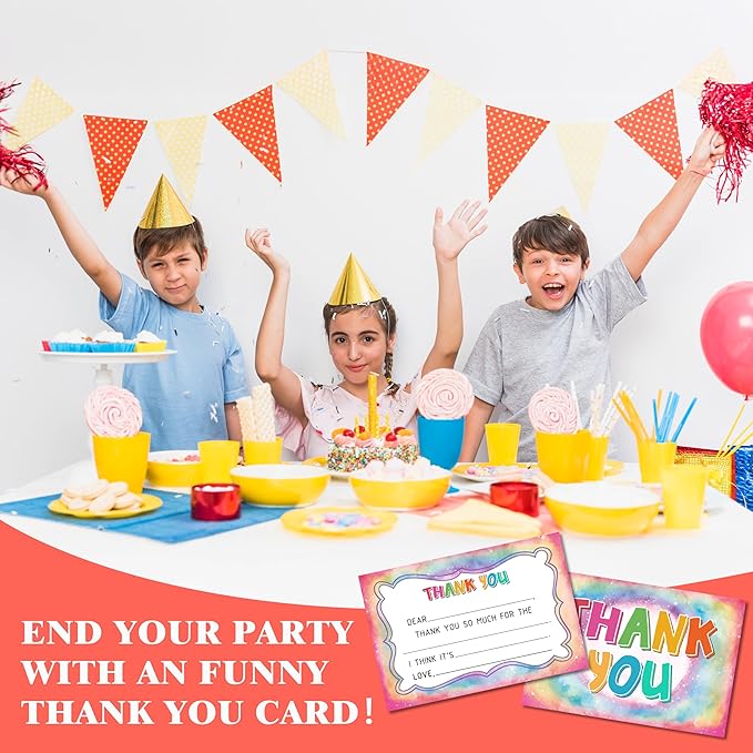 Tie Dye Kids Thank You Cards, Colorful Thank You Card For Baby Shower Birthday Party, Kids Birthday Cards Fill In The Blank, 20 Pack Cute Greeting Cards With Envelopes For Boys And Girls, 010