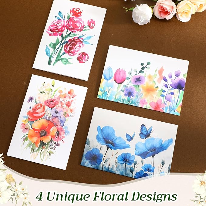 Gueevin 96 Pcs Painted Flowers Blank Cards & Notes Assortment with Envelopes and Stickers 3.5 x 5 Inch Watercolor Florals Blank Greeting Cards for Wedding, Party, Business, Invitations, Graduation