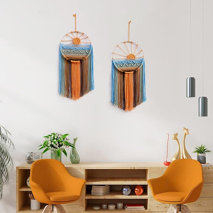 2 Pack Macrame Sun Wall Decor Hanging Tapestry Sunshine Sunset Wall Art Set, Rustic Woven Tapestries Boho Dream Catcher Colorful Decor for Bedroom Living Room Nursery (Orange 2pcs)