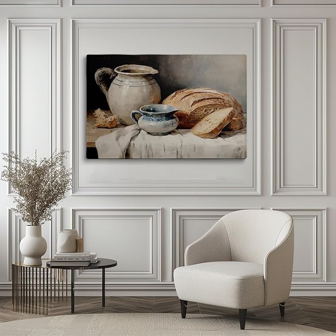 Country Kitchen Wall Art-Still Life Pottery,Moody Kitchen Still Life Painting,Bread Still Life Art,Sourdough Bread Still Life Print,Farmhouse Print,Kitchen Home Decor16x24 Framed