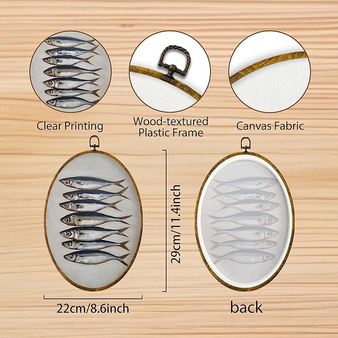Hiuwevt Vintage Sardine Fish Oval Wall Art Decor, Coastal Beach Framed Canvas Prints, Moody Sardine Fish Oval Wall Hanging Decor for Kitchen Dining Room Beach House Decorations, 8.6x11.4 Inches