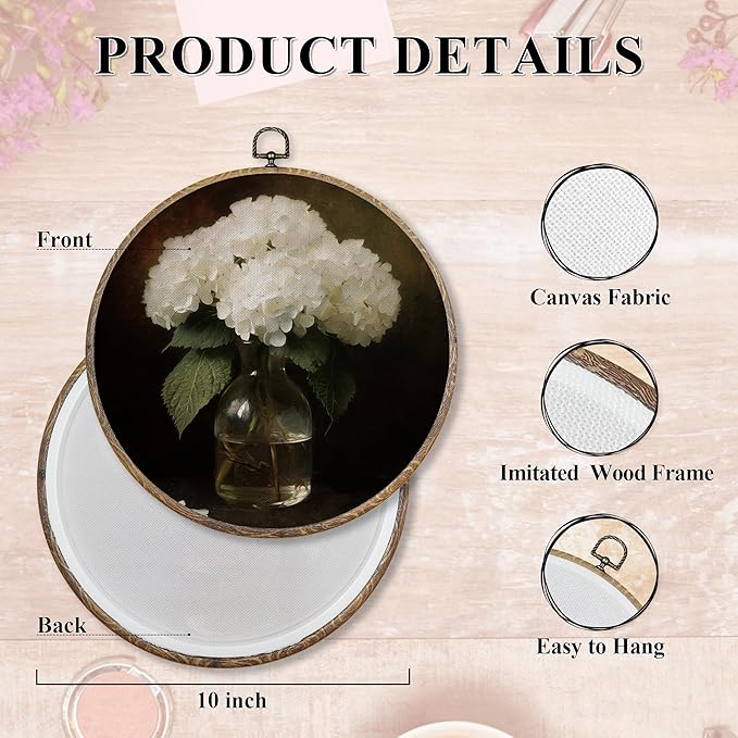 FUGWN Vintage White Hydrangea Floral Round Wall Art Decor Framed, Retro Cottagecore Hydrangea Canvas Artwork Prints, Dark Moody Flower Wall Hanging Decorations for Home Bedroom Living Room, 10x10 Inch