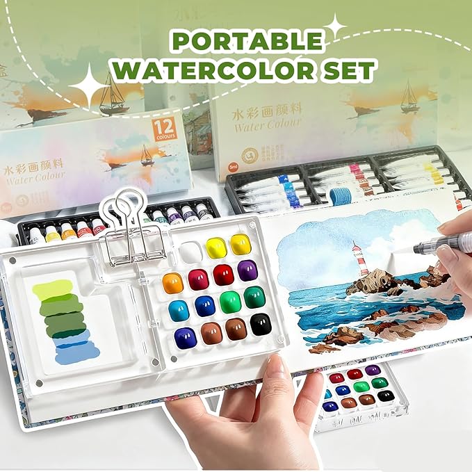 Mini Portable Watercolor Palette Set-Grid Paint Box with Binder Clips Include 12 Colors Paint - Brush*3 and Picture Album Art Materials Coloring Markers (Yellow Acrylic-S)