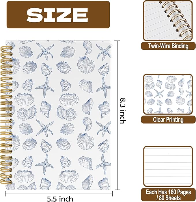 Vintage Ocean Blue Coast Notebook, Summer Seashell Starfish Journal Notebooks for Girls Women, Trendy Coastal Coquette Stuff Planner School Supplies Hardcover Spiral Notebook 5.5x8.3 Inch
