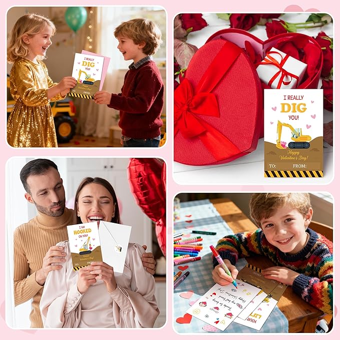 TICIAGA 144pcs Valentine’s Day Construction Truck Greeting Cards with Envelop and Sticker for Kid, 4 x 6 IN Excavator Notecard Exchange Gift for Boy Girl School Classroom Supply, Valentines Party Favor