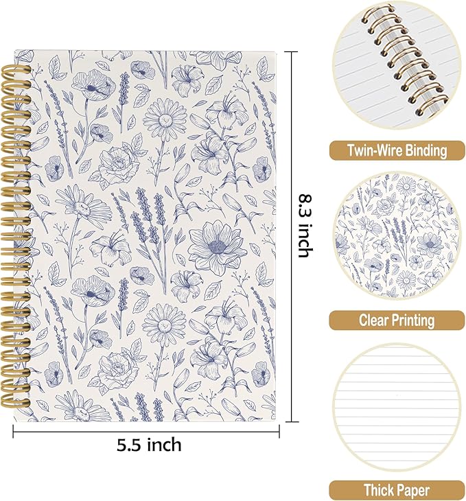 Pugwak Vintage Floral Journal Notebook - Aesthetic Botanical Line Flower Notebooks College Ruled for Work School, Gifts for Women Coworker, Office Supplies, Hardcover Spiral Notebook 5.5"x8.3"