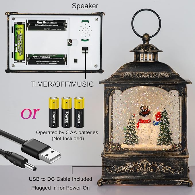 GenSwin Musical Snowman Snow Globe Lantern with 6 Hour Timer, Battery Operated & USB Powered Singing Spinning Water Glittering Snow Globe Lantern Christmas Home Decoration Gift(9.6”,3 AA)