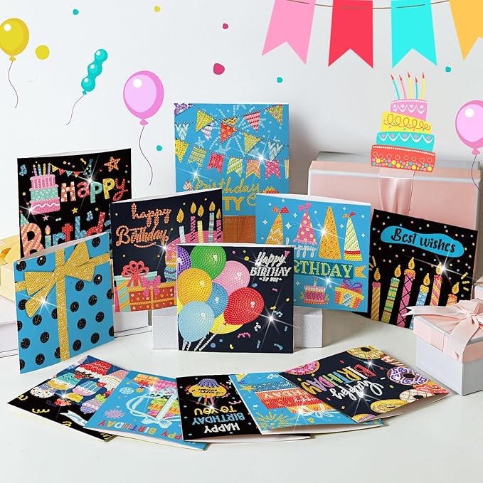 Saillong 12 Pack Happy Birthday Diamond Painting Greeting Card Kits DIY Diamond Art Cards with Envelopes Birthday Cake 5d Rhinestones Painting Kits for Adults DIY Crafts Family Friend Birthday Gifts