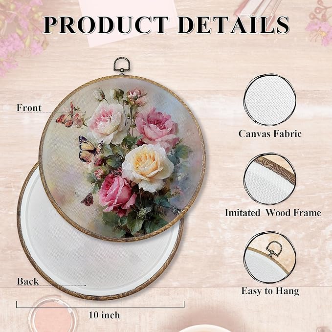 FUGWN Vintage Rose Butterfly Round Wall Art Decor Framed, Cottagecore Floral Botanical Canvas Artwork Prints, Rustic Farmhouse Flower Wall Hanging Decorations for Home Bedroom Living Room, 10x10 Inch