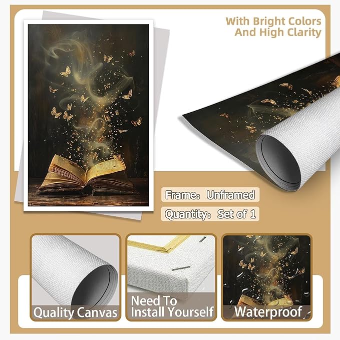 Whimsical Enchanted Open Book Wall Art Vintage Golden Butterflies Aesthetic Poster Print Funny Mystical Smoke Canvas Picture Decor for Office Bedroom Living Room Apartment 20x30inch Unframed