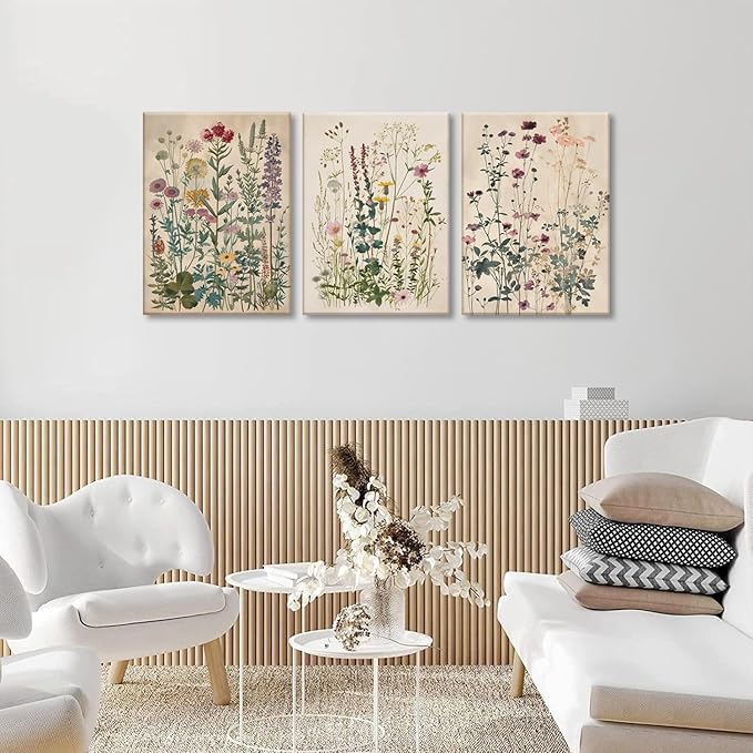 TUEASKY 3 Piece Colorful Wildflower Canvas Wall Art Vintage Flower Wall Art Watercolor Floral Decor Botanical Prints for Living Room Bedroom Office 12x16in Framed