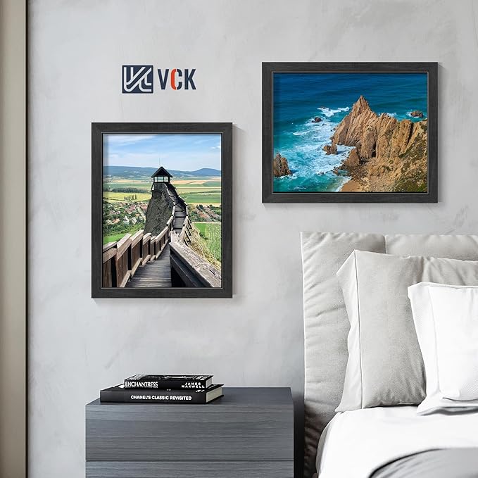VCK 11x14 Picture Frames Black Set of 5, Wide Border Wood, Tempered Glass, Display 8x10 Photo with Mat or 11 x 14 without, for Home, Office, Gallery, Woodgrain Series, Wall Hanging
