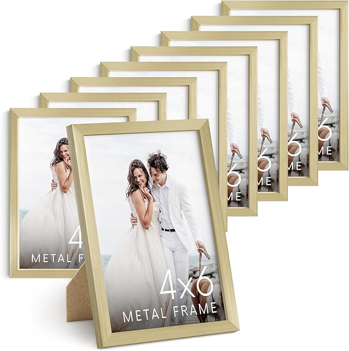 HAUS AND HUES 4x6 Gold Metal Picture Frames - Premium Aluminum with Vertical Hanging & Tabletop Display - Ideal for Home, Office (4x6 in, Gold, Set of 9)