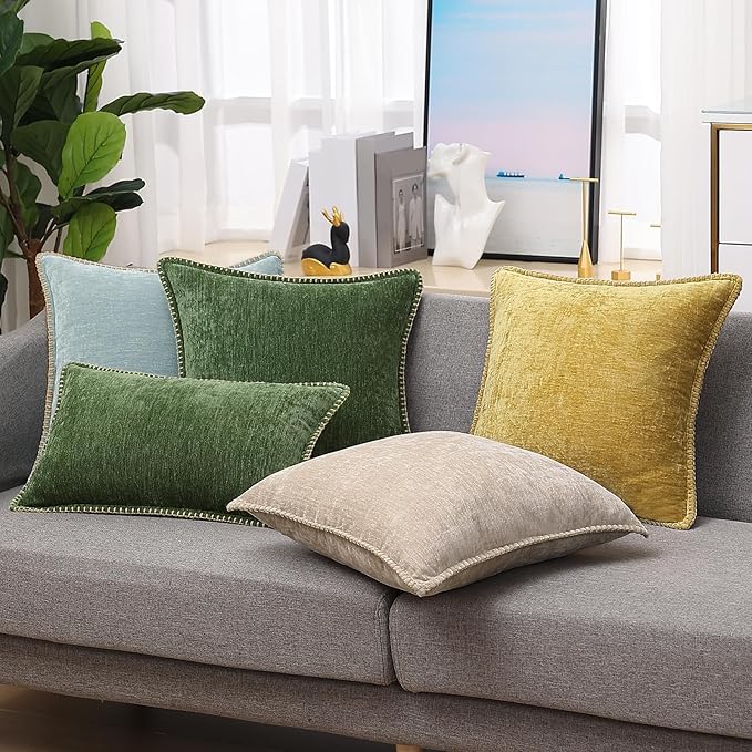 decorUhome Spring Chenille Soft Throw Pillow Covers 18x18 Set of 2, Farmhouse Velvet Neutral Decorative Pillow Covers with Stitched Edge for Couch Sofa Bed Home Decor, Mineral Yellow