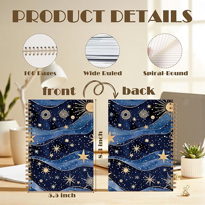 Fantasy Starry Night Sky Space Notebook, Blue and Gold Celestial Sun Star Galaxy Journal, Spiral Notebook Journal, 5.5x8.3 Inch