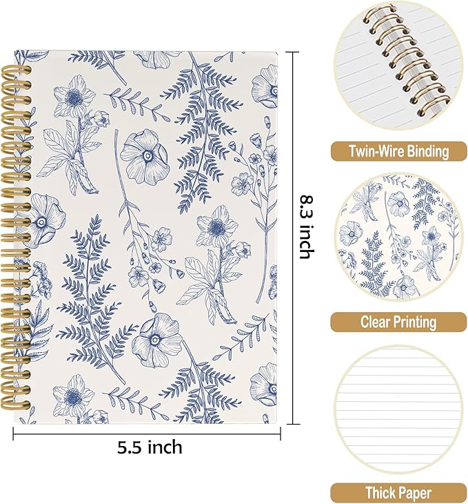 Vintage Flower Journal Notebook - Aesthetic Botanical Floral Notebooks College Ruled for Work School, Gifts for Women Coworker, Office Supplies, Hardcover Spiral Notebook 5.5"x8.3"
