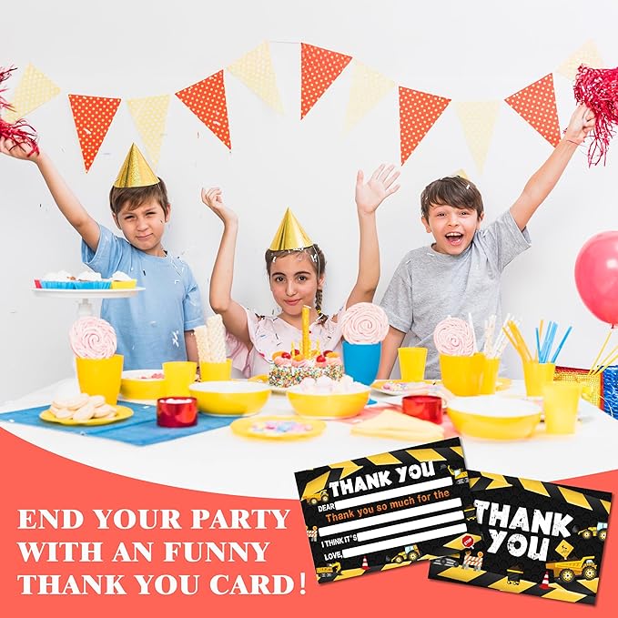 Construction Kids Thank You Cards, Excavator Crane Thank You Card For Birthday Party, Kids Birthday Cards Fill In The Blank, 20 Pack Greeting Cards With Envelopes For Boys And Girls, 012
