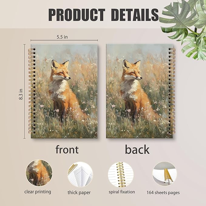 XNXLDYLH Fox Fall Cottagecore Nature Notebook Journal, Rustic Farmhouse Aesthetic Spiral Notebook, Animal Woodland Journals Notebooks for Women Girls, Fox Office School Supplies Gifts, 5.5x8.3 Inch