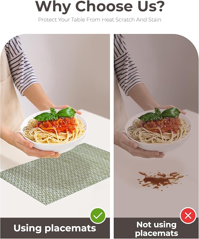 Leetaltree Green Placemats Set of 6 - Heat Resistant Non-Slip Place mats for Dining Table, Washable Durable PVC Vinyl Woven Table Mats(Green Zigzag, 6)