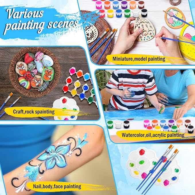 8 Pack Mini Canvas and Easel Set, 16 Acrylic Paint Set in 12 Colors with 16Brushes & 8 Paint Trays,8 X 10 in Mini Painting Canvas for Drawing, Art Painting Kits for Birthday Party Favors