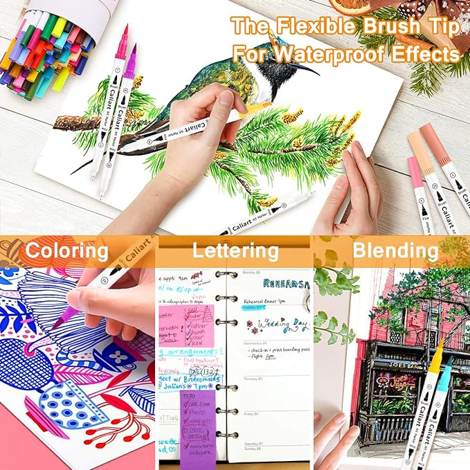 Caliart 72 Colors Double Tip Brush Pens Art Markers, Artist Fine & Brush Pen Coloring Markers for Adult Book Cards Drawing Craft Kit Teacher Office Supplies