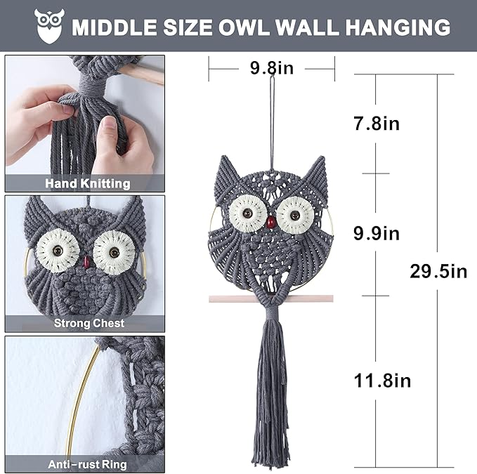 MVSUTA Owl Grey Cotton Handmade Macrame Wall Hanging Tapestry Home Decor Art and Gray Craft Wonderful Woven Boho Ornament for Office Bedroom Apartment Living Nursery Gallery,1pc Middle size:9.8" W x