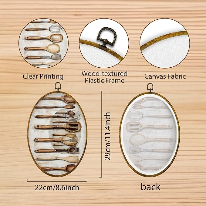 Hiuwevt Vintage Rustic Kitchen Utensil Oval Wall Art Decor, Cooking Tools Country Hanging Framed Canvas Prints, Cottagecore Round Wall Hanging Decor for Bedroom Home Decorations, 8.6x11.4 Inches