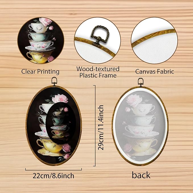 Hiuwevt Tea Cup Oval Wall Art Decor, Vintage Pink Floral Tea Cup Framed Canvas Prints, Classic Shabby Chic Round Wall Hanging Decor for Bedroom Home Decorations, 8.6x11.4 Inches