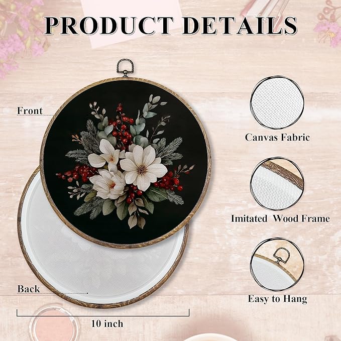 FUGWN Vintage Christmas Bouquet Floral Round Wall Art Decor Framed, Winter Christmas Canvas Artwork Prints, Rustic Moody Xmas Flower Wall Hanging Decorations for Home Bedroom Living Room, 10x10 Inch