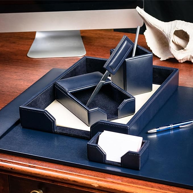 Dacasso Bonded Set Luxury Leather Desk Pad & Desk Organization Essentials, 7 Piece, Navy Blue