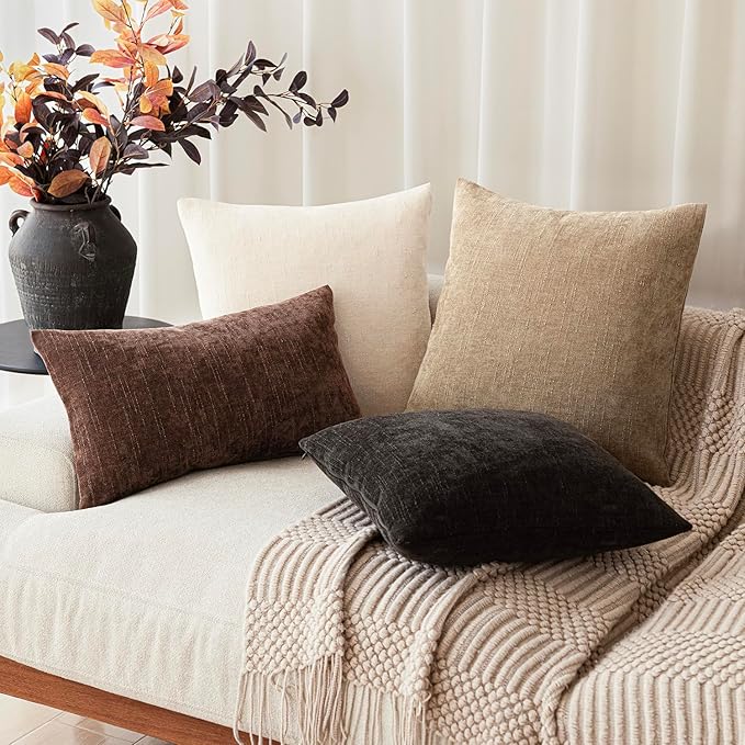 Foindtower Pack of 2 Textured Chenille Throw Decorative Pillow Covers Square Accent Solid Cushion Cover Neutral Farmhouse Lumbar Pillow Case for Couch Sofa Bedroom Living Room 12x24 Inch,Red Brown