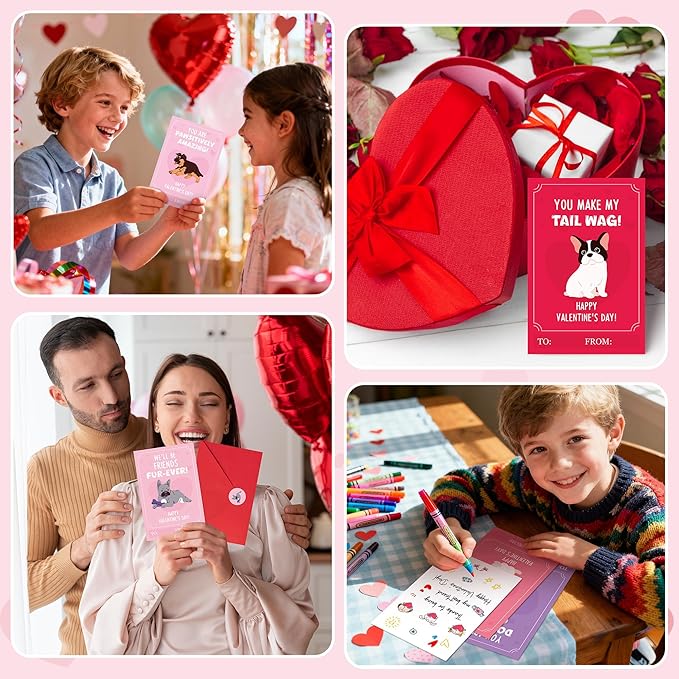 TICIAGA 72pcs Valentine's Day Cartoon Puppy Animal Greeting Card with Envelop and Stickers for Kids, Cute Dog Pet Notecard Exchange Gift for Boys and Girls School Classroom, Valentines Party Favors