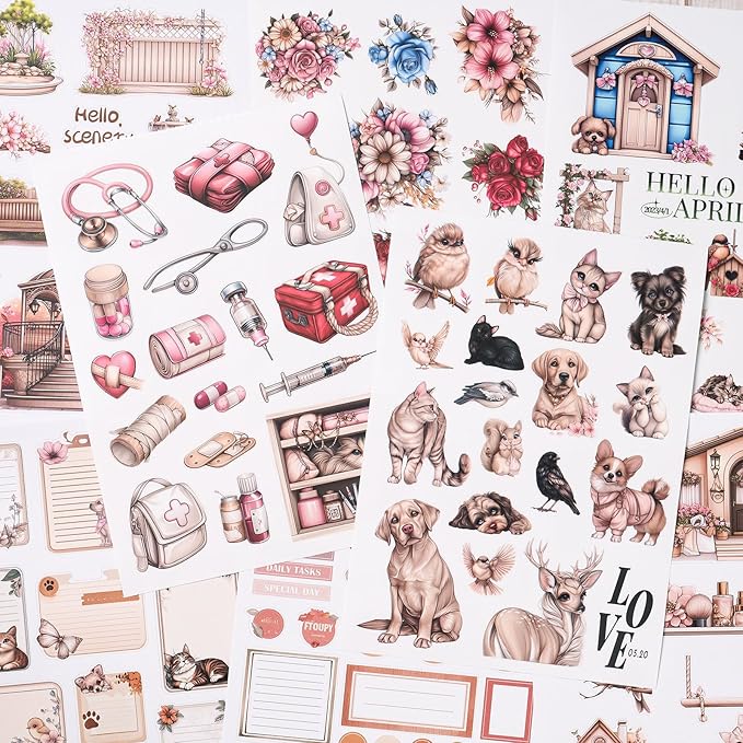 YagCu Scrapbook Sticker Book, Pets Dogs Cats Journaling Stickers, Animal Junk Journal Supplies, Pre-Cut Aesthetic Scrapbooking Stickers for Adults, Decorative Ephemera Bullet Planner DIY Arts Craft