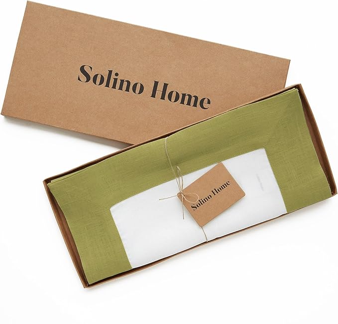 Solino Home Linen Table Runner 108 Inches Long - 100% Pure Linen Avocado and White Dining Table Runner 14 x 108 Inch for Winter, St Patricks Day - Contempo
