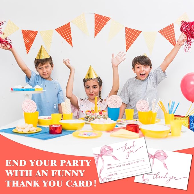 Bow Kids Thank You Cards, Pink Thank You Card For Baby Shower Birthday Party Wedding Bridal, Kids Birthday Cards Fill In The Blank, 20 Pack Cute Greeting Cards With Envelopes For Boys Girls, 014