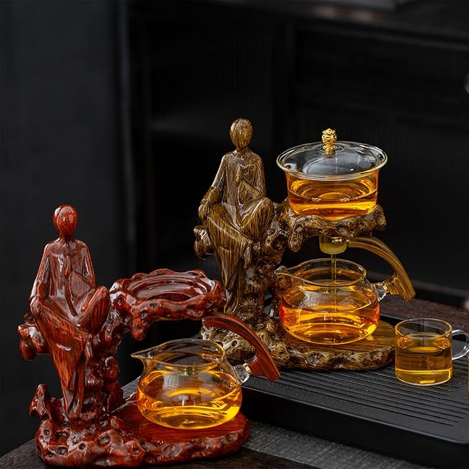 Semi Automatic Teapot Set, Glass Teapot Set with Strainer Kungfu Tea Sets (Meditation-brown)