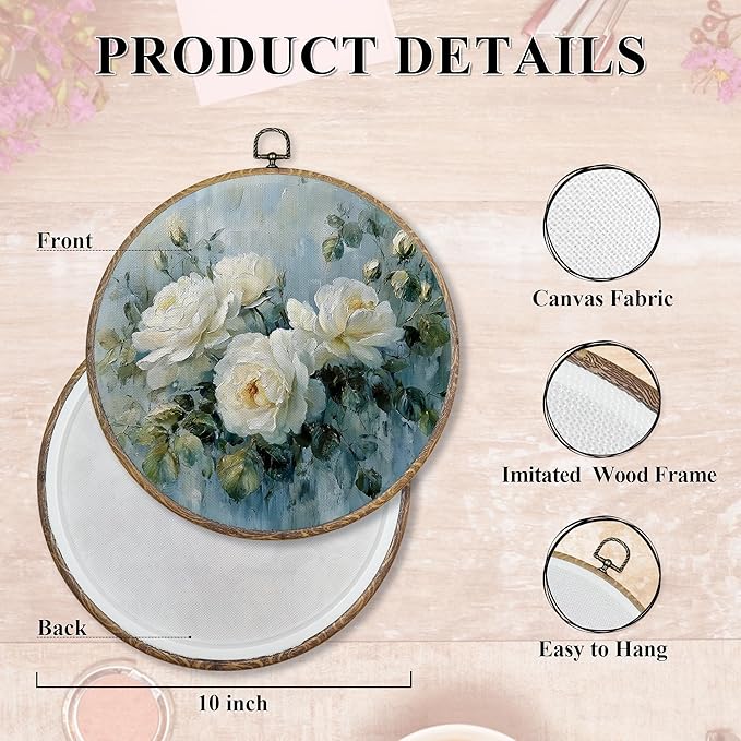 FUGWN Vintage Rose Floral Round Wall Art Decor Framed, Rustic White Botanical Floral Canvas Artwork Prints, Cottagecore Flower Wall Hanging Decorations for Home Bedroom Living Room, 10x10 Inch