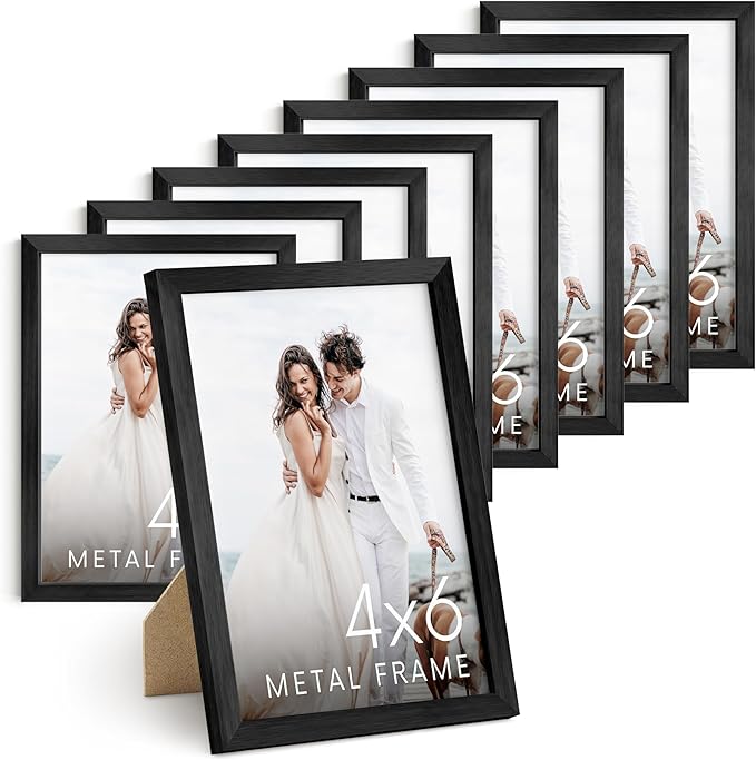 HAUS AND HUES 4x6 Black Metal Picture Frames - Features Premium Aluminum, Vertical Hanging & Easel Back, Shatterproof Plexiglass - Ideal for Home, Room, Office (4x6 in, Black, Set of 9)