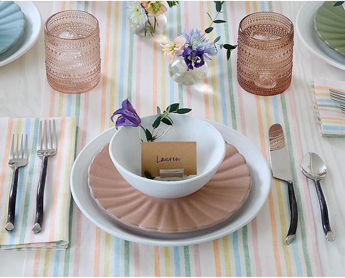 Solino Home Linen Table Runner 132 Inches Long - Julia, 100% Pure Linen Multicolor Muted Pastel Stripe Table Runner 14 x 132 Inch for Dining, Spring, Easter