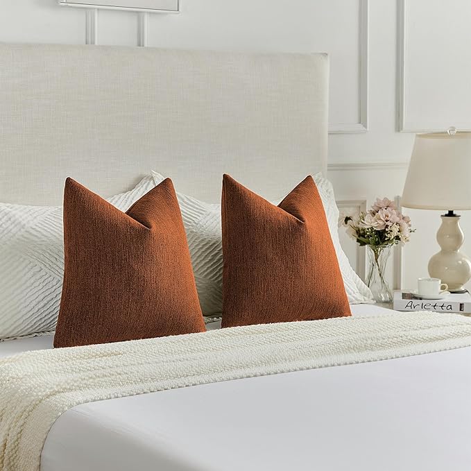 FUTEI Rust Chenille Decorative Throw Pillow Covers 16x16 Inch Set of 2,Soft Cozy Faux Linen Textured Cushion Case,Farmhouse Home Decor for Couch Living Room