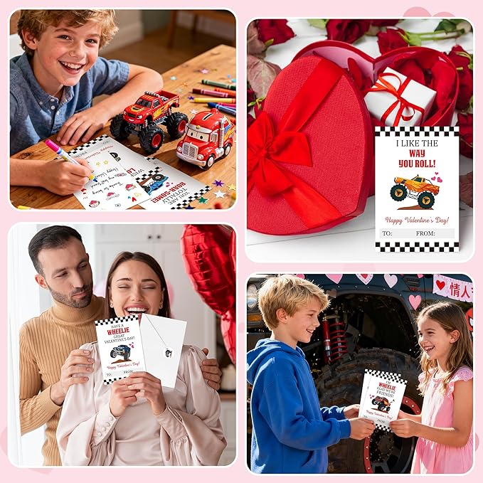 TICIAGA 72pcs Valentine’s Day Monster Truck Greeting Cards with Envelop and Sticker for Kid, 4 x 6 IN Monster Truck Notecard Exchange Gift for Boy Girl School Classroom Supply, Valentines Party Favor