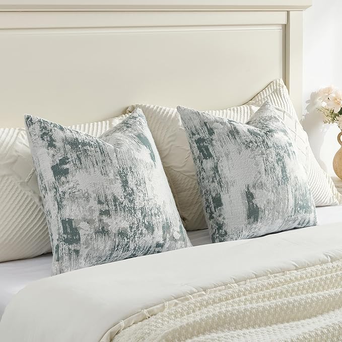 FUTEI Teal White Decorative Throw Pillow Covers 18x18 Inch Set of 2,Jacquard Weave Cushion Case in Soft Faux Cashmere,Modern Home Decor for Couch Living Room