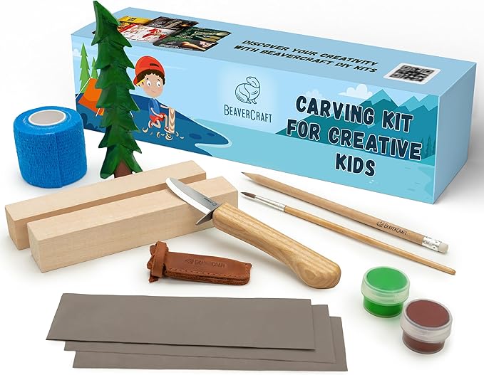 BeaverCraft Wood Carving Kit DIY 08 - Whittling Kit for Beginners - Hobby Kits Whittling Set Includes Safety Wood Carving Knife, Basswood Blocks