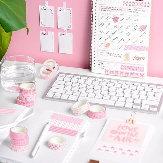 12pcs Coquette Pink Washi Tape, Trendy Watercolor Pink Bow Cherry Preppy Aesthetic Decorative Tape, Cute Bowknot Heart Buffalo Plaid Artistic Tape for DIY Craft Scrapbook Wrapping Decor
