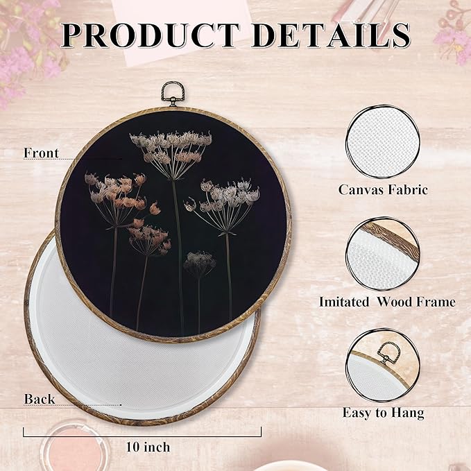 FUGWN Dark Cottagecore Wildflower Floral Round Wall Art Decor Framed, Vintage Flower Botanical Canvas Artwork Prints, Dark Floral Wall Hanging Decorations for Home Bedroom Living Room, 10x10 Inch