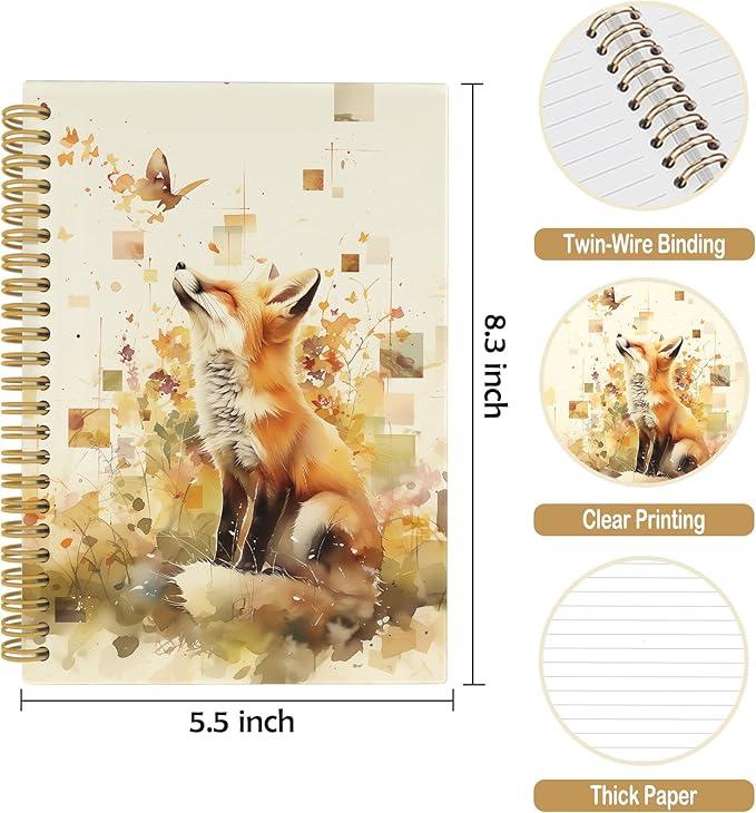 Fox Journal Notebook - Vintage Butterfly Floral Aesthetic Notebooks College Ruled for Work School, Fox Themed Gifts for Women, Office Supplies, Hardcover Spiral Notebook 5.5"x8.3"