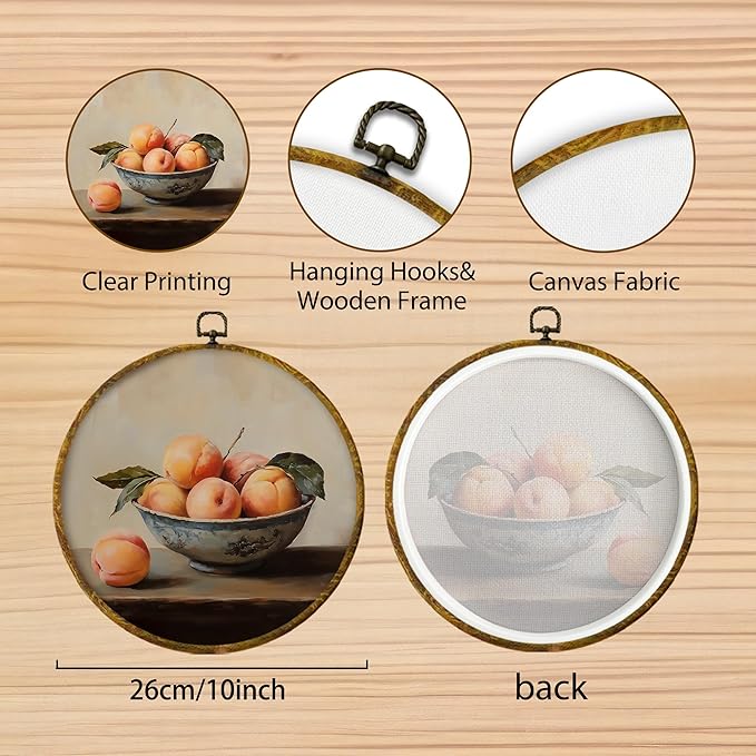 Hiuwevt Vintage Moody Peach Round Wall Art Decor, Dark Academia Peach Framed Canvas Prints, Farmhouse Rustic Fruit Round Wall Hanging Decor for Kitchen Dining Room Decorations, 10x10 Inches