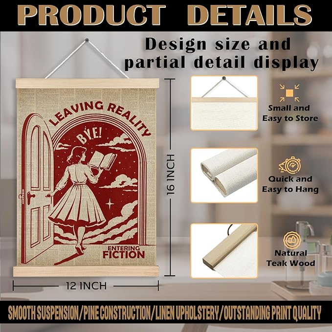 Vintage Reading Woman Book Canvas Wall Art Poster, Reading Nook Corner Decor, Leaving Reality Entering Fiction Wall Decor Prints for Library Reading Room Classroom Home, 12x16 Inches