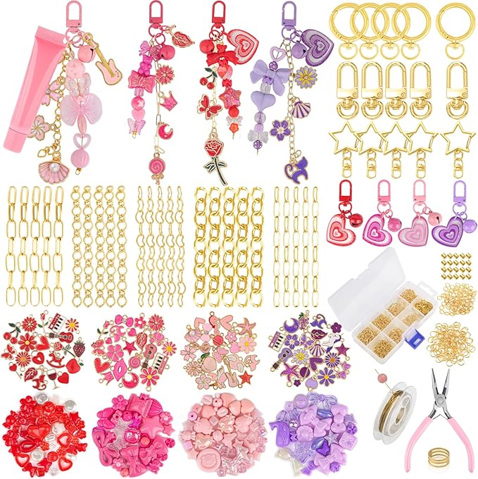 Ecoofor 458 Pcs Keychain Making Kit for Kids & Adults – Includes 19 Keychain Clips, 25 Extender Chains, 80 Charms, Beading Accessories, Jewelry Pliers – DIY Bag Charms & Jewelry Craft Kit Supplies
